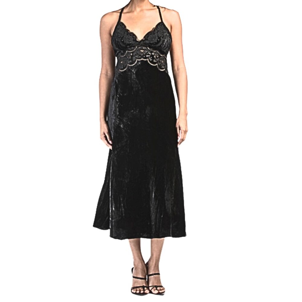 FARM Rio Richelieu Black Velvet Midi Slip Dress Medium, Elegant Designer Dress